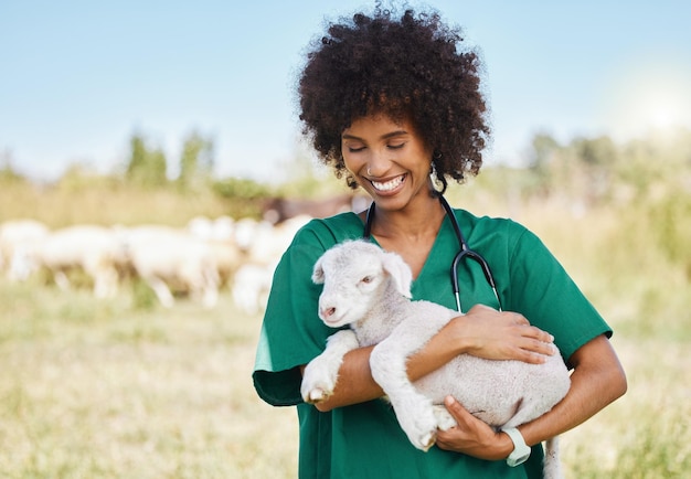 Veterinaire boerderij en vrouw met schapen op veeveld voor medische controle van dieren gelukkige glimlach en vrouwelijke dierenarts arts die overleg doet over lamsvlees in agro duurzaam en landbouw platteland