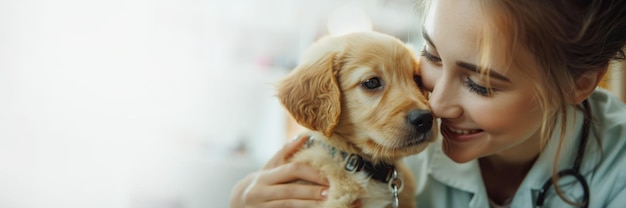 Veterinaire dag spandoek met jonge vrouw met golden retriever puppy Kopieer ruimte