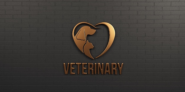 Veterinaire hond en kat bronzen logo op Black Wall Design 3D Render illustratie