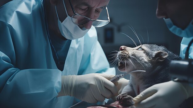 Veterinarian administering vaccinations to a group of puppies