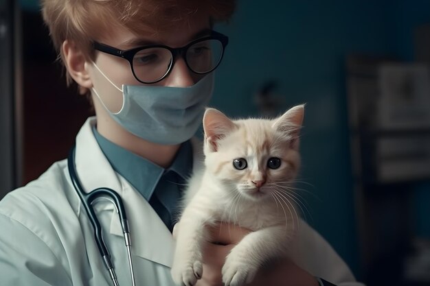 Veterinarian in blue gloves holding a kitten in his hands