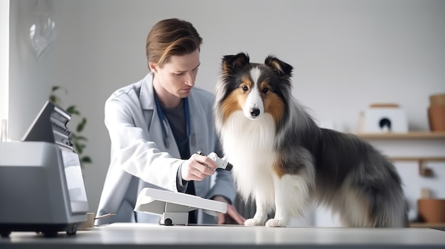 Foto un veterinario in una clinica che guarda un cane