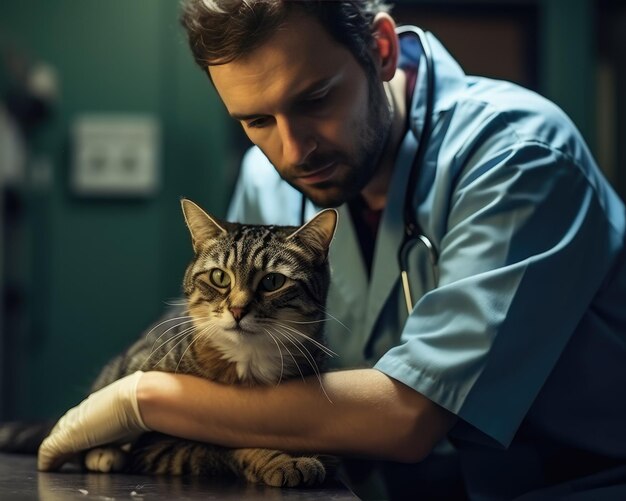 Veterinarian comforting a cat during a clinic visit