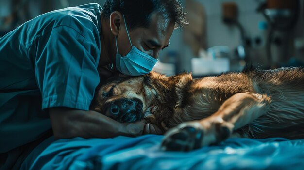 A veterinarian comforts a dog while it undergoes surgery