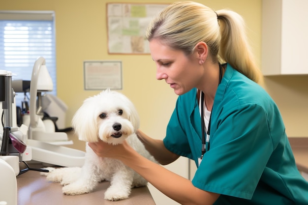 Photo veterinarian doctor and dog at veterinary clinic