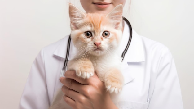 Veterinarian doctor holding little kitten close up generative ai