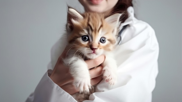 작은 새끼 고양이를 들고 있는 수의사 의사가 생성 인공 지능을 닫습니다.