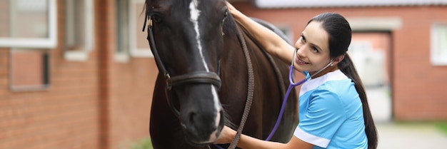 Veterinarian doctor listens with stethoscope to horse on farm veterinary services and diseases