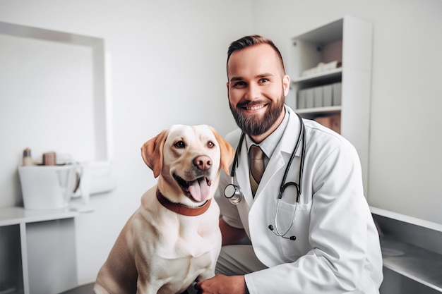 ветеринарный врач с собакой лабрадора сидит в медицинском кабинете Всемирный ветеринарный день генеративный ИИ