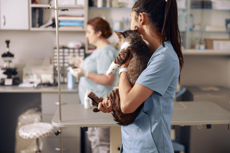 Photo veterinarian embraces adorable cat kitten looking at colleague in clinic