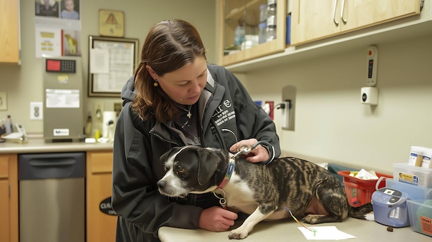 医が診療所で犬を検査している医は黒いジャケットを着ており犬は茶色と白の混合品種である