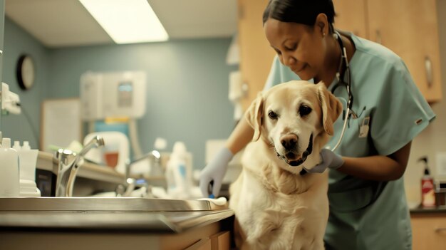 Photo a veterinarian examining a dog in a clinic the vet is wearing a blue uniform and is smiling at the dog