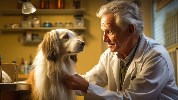 A veterinarian examining a dog at the clinic