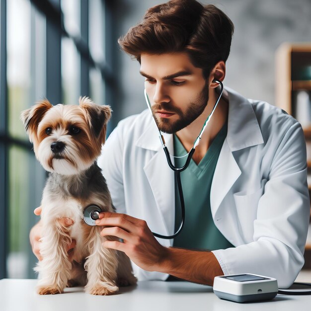 Photo veterinarian examining a small dog