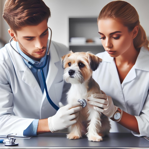 Veterinarian examining a small dog