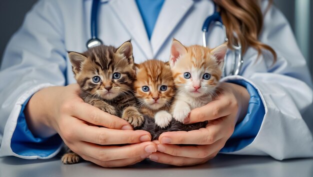 Photo veterinarian hands holding fluffy kittens