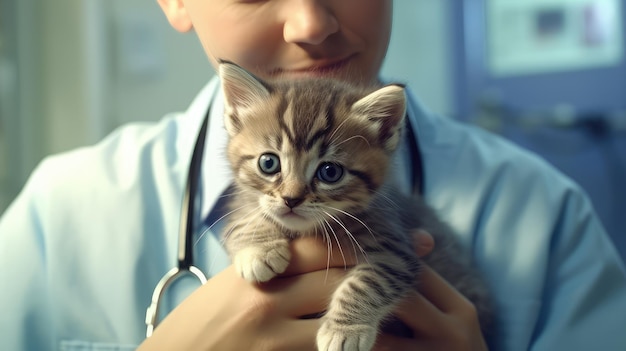 A veterinarian holding a kitten in his hands.