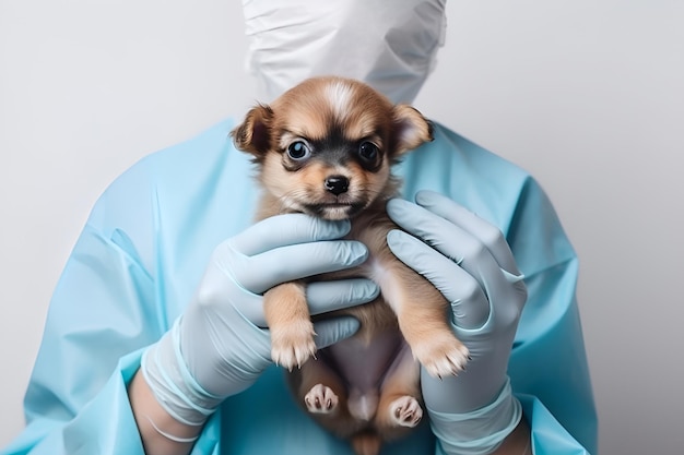 A veterinarian holds a small puppy in his hands