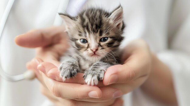 A veterinarian holds a tiny kitten in the palm of their hand The kitten looks up at the camera with its big round eyes Its fur is soft and fluffy