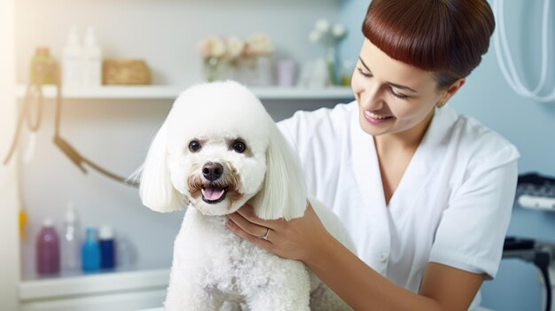 Foto un veterinario tiene un cane bianco con decenza e mostra il legame tra il proprietario e l'animale domestico