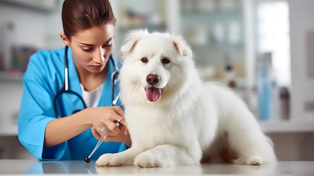 A veterinarian is examining a dog's ear.