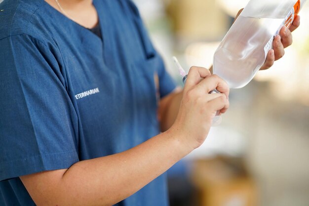 A veterinarian is preparing a saline syringe to clean the wound of a dog receiving treatment