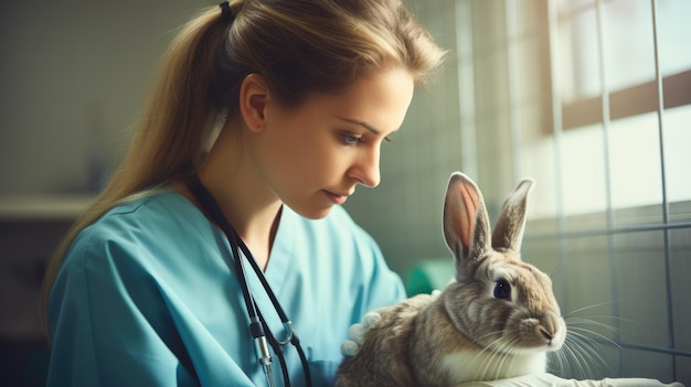 Foto un veterinario in accappatoio di laboratorio tiene delicatamente in braccio un coniglio