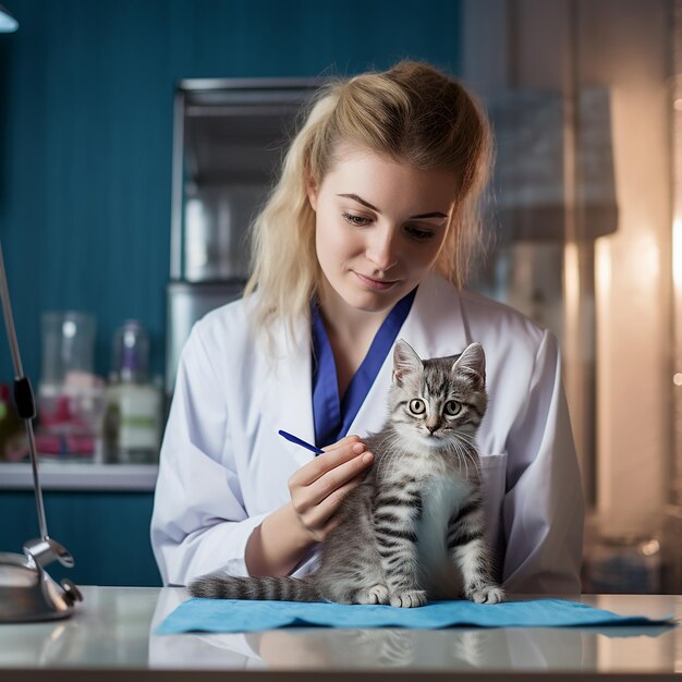 Photo a veterinarian listens to kitten with a phonendo