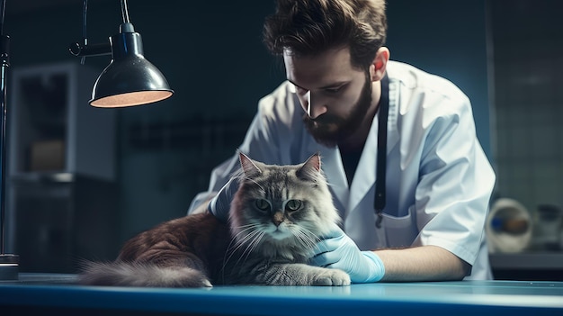 A veterinarian performs an ultrasound of a cat using modern equipment with innovative technologies