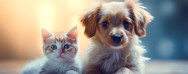 写真 医師はクリニックで可愛い子犬と子猫のチェックアップとワクチン接種を提供していますコンセプト医師のケアペットの健康チェックアップワクチンの接種子猫と子猫