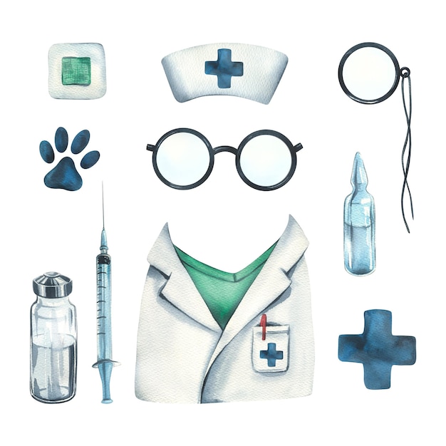 Photo a veterinarian's robe and cap with a blue cross glasses pincenez bandaid syringe and ampoules with a blue paw print watercolor illustration a set from the veterinary collection