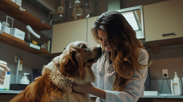 A veterinarian smiling while petting a golden retriever The vet is wearing a white coat and the dog is looking up at her