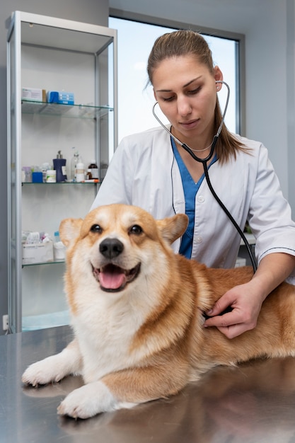 Photo veterinarian taking care of pet dog