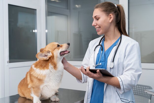 Photo veterinarian taking care of pet dog