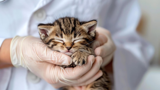 A veterinarian wearing gloves holds a sleeping kitten in the palm of their hand The kitten is brown and black and its eyes are closed