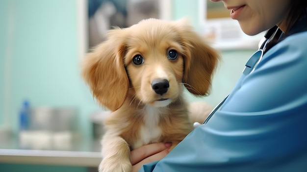 Veterinarian with cute dog in vet clinic closeup view