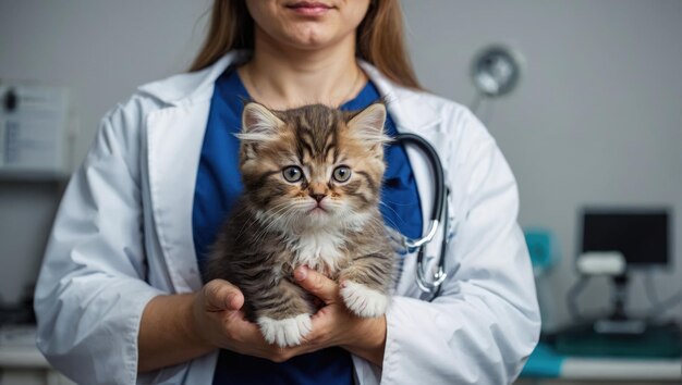 幸せな美しい猫を持つ医師の猫ちゃん 動物のワクチン接種