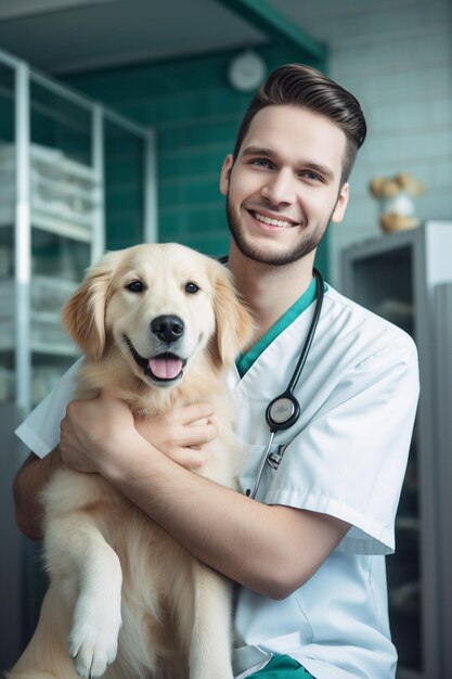 수의사 클리닉에서 귀여운 강아지를 들고 있는 스테토스코프를 가진 수의사의 모습
