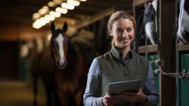 Ветеринар с планшетом стоит рядом с лошадью на заднем плане стойки, созданной с помощью технологии генеративного искусственного интеллекта