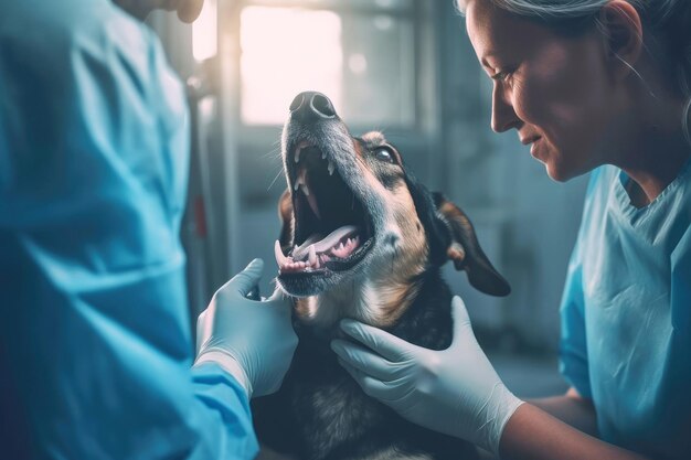 Foto i veterinari esaminano il cane in una clinica veterinaria concetto di trattamento degli animali domestici