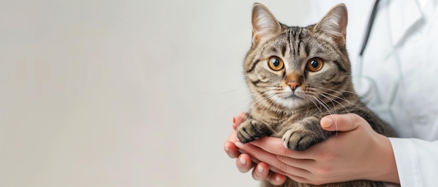 Veterinary banner with grey striped cat on hands of veterinarian doctor