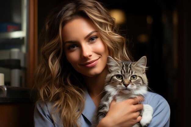 A veterinary care nurse holds a cat cute domestic pet image