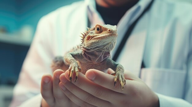 Foto clinica veterinaria per animali esotici lucertola nelle mani di un veterinario salute dell'animale domestico ai