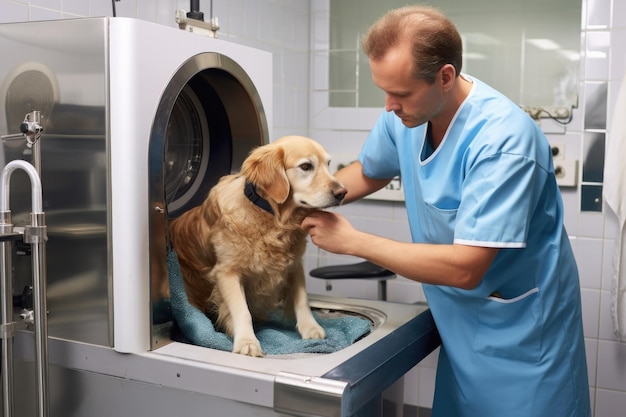 Photo veterinary clinic a male veterinarian treating a dog