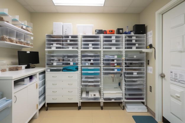 Photo veterinary clinic with equipment and tools organized in labeled drawers created with generative ai