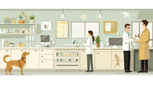 Veterinary clinic with staff examining a dog
