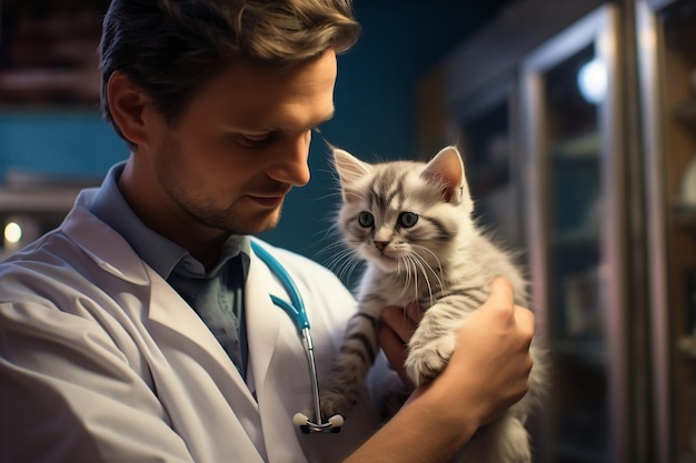 クリニック AI の定期検診中に子猫 39 の健康状態を検査する獣医師の専門家