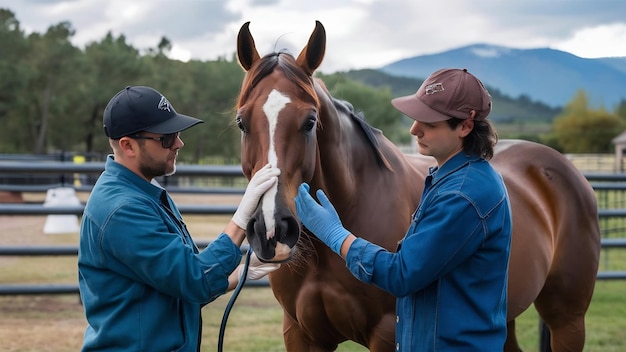 Photo veterinary man with his assistant treating a brown purebred horse papillomas removal procedure usi