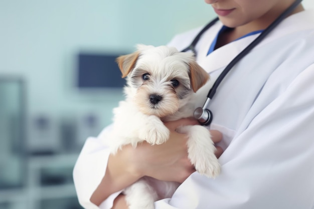 かわいい白い子犬を抱く獣医師