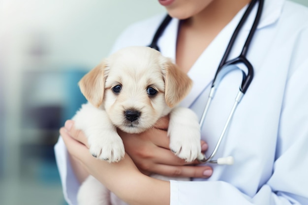 かわいい白い子犬を抱く獣医師